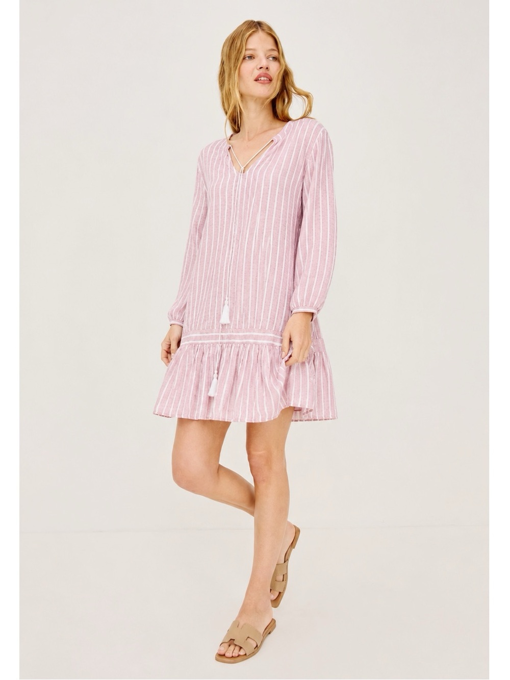Rails Woman Pink White Linen Stripe Relax Ruffle Tassel Tie Dress SMALL Classic